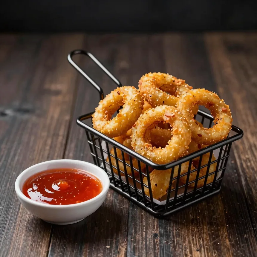 Aros de cebolla crocantes con salsa de la casa