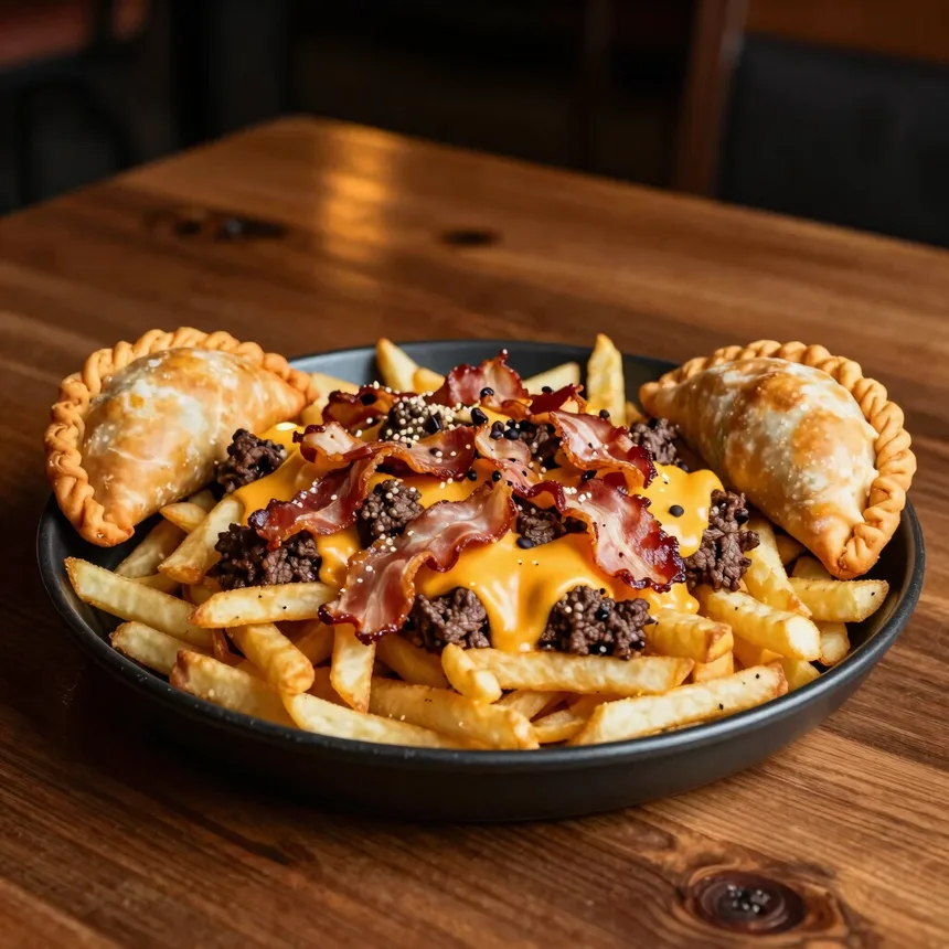 Combo Brutal: papas cargadas con mechada, cheddar y tocino junto a empanadas