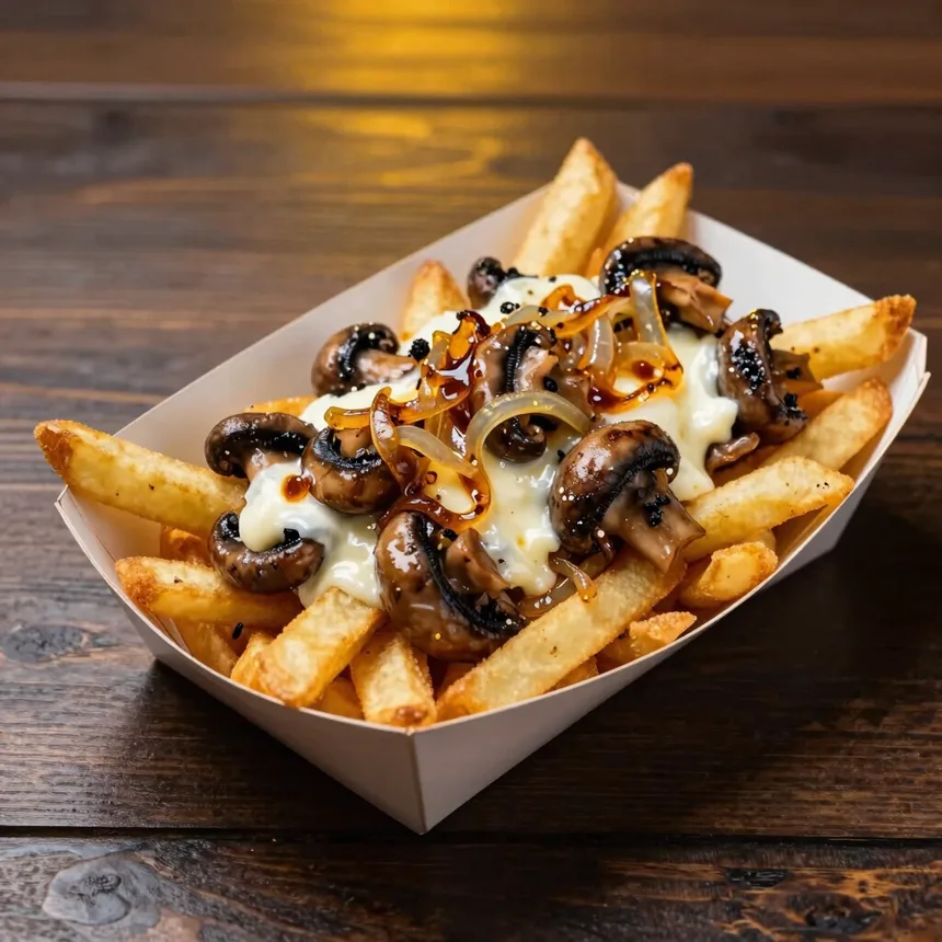 Papas con champiñón, queso crema y cebolla caramelizada