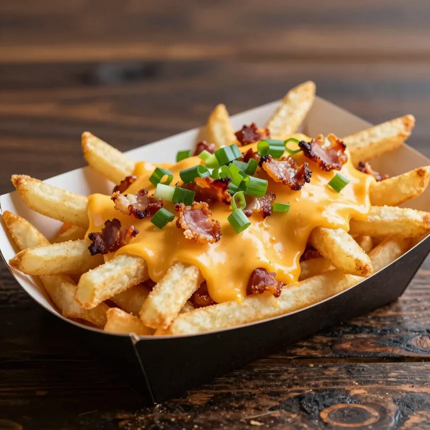Papas con cheddar, tocino y cebollín
